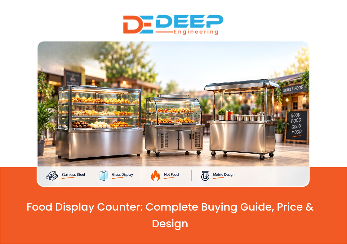 Food Display Counter with stainless steel and glass display design